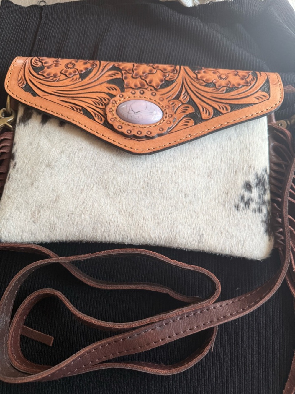 American Darling Tooled Leather Crossbody with Cream Cowhide and Pink Stone